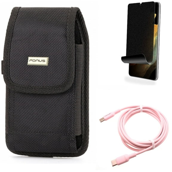 Privacy Screen Protector & Pink 10ft Long Cable & Case Belt Clip for Samsung Galaxy S22 Plus (S22 ) - Combo TPU Film (Fingerprint) Anti-Peep & USB-C to Type-C PD Fast Charger Cord & Swivel Holster