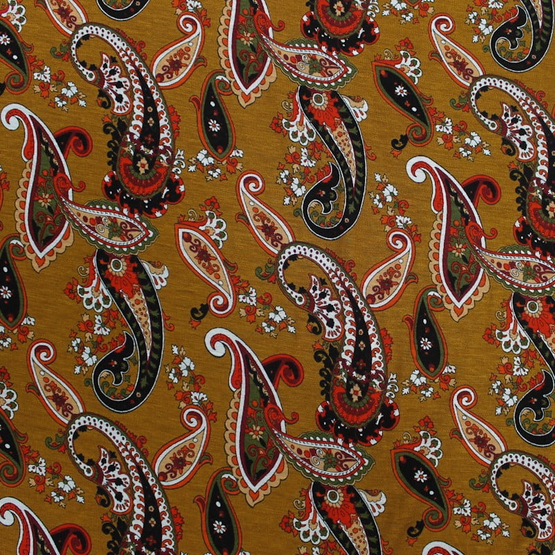 Fabric yardage Cotton Knit spandex blue tan paisley floral by the yard