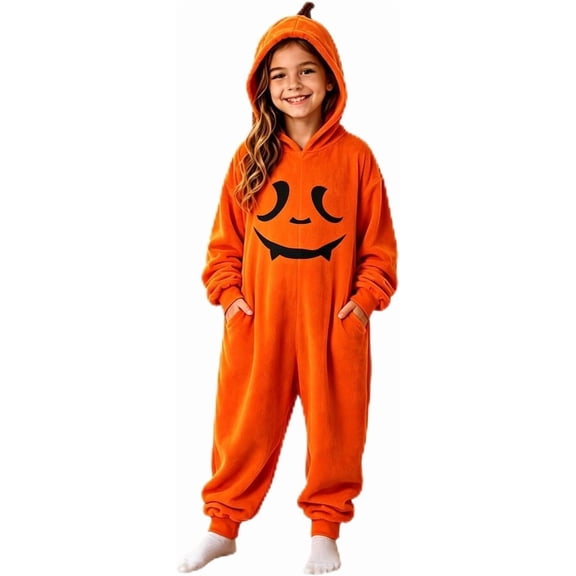 K'ids Halloween Pumpkin Onesie Pajamas - Warm Fleece Zip-Up Hooded Cosplay Costume with Pockets, Long Sleeve Fall Loungewear Outfit