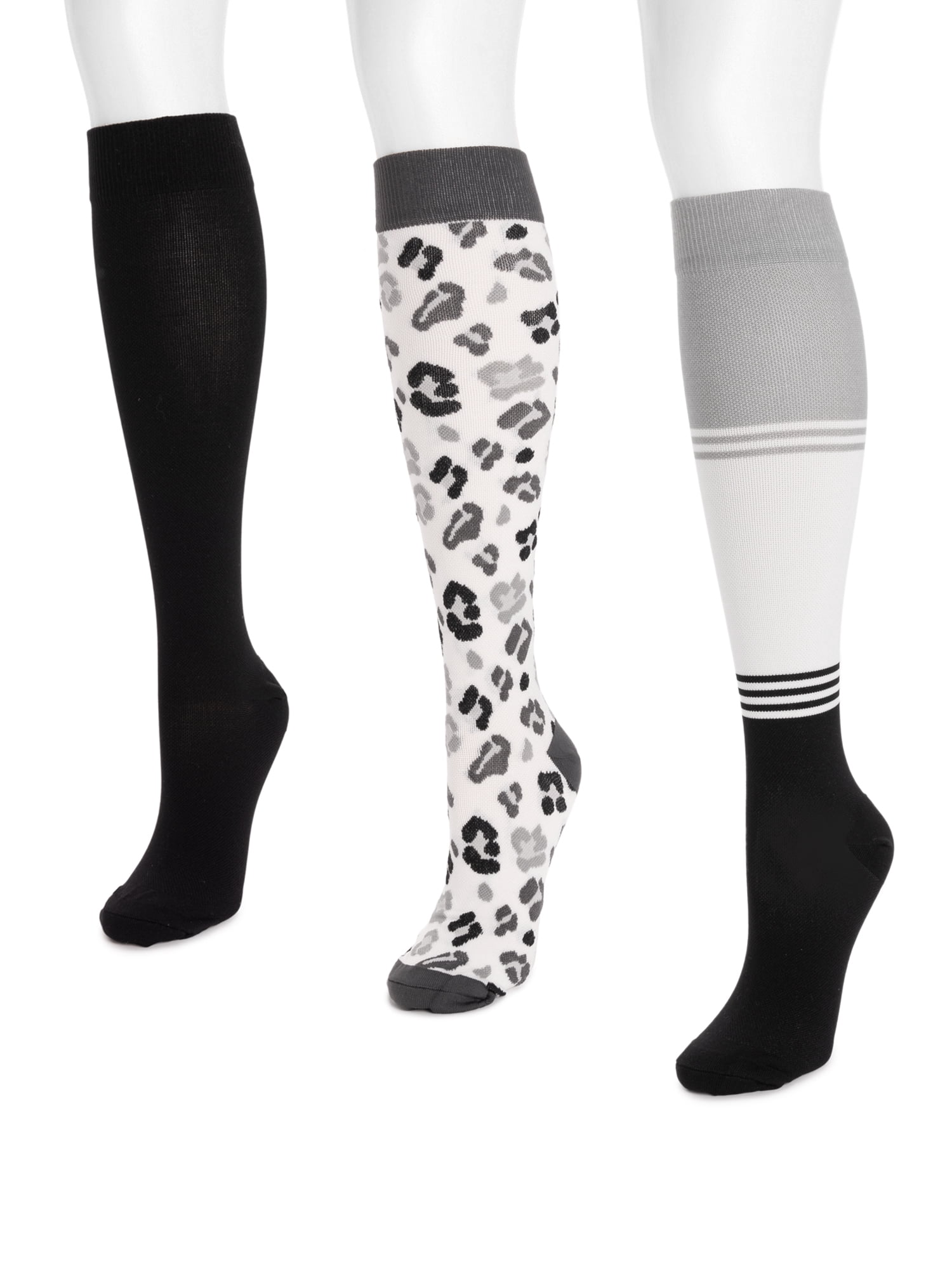 MUK LUKS Women's Regular Width Compression Nylon Knee-High Socks, 3-Pack, Shoe Size 6-10