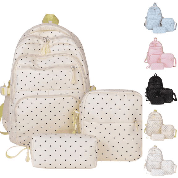 Polka Dot Backpack Set 3Pcs Cute Daypack Kawaii Nylon Backpacks for Travel Daily Use