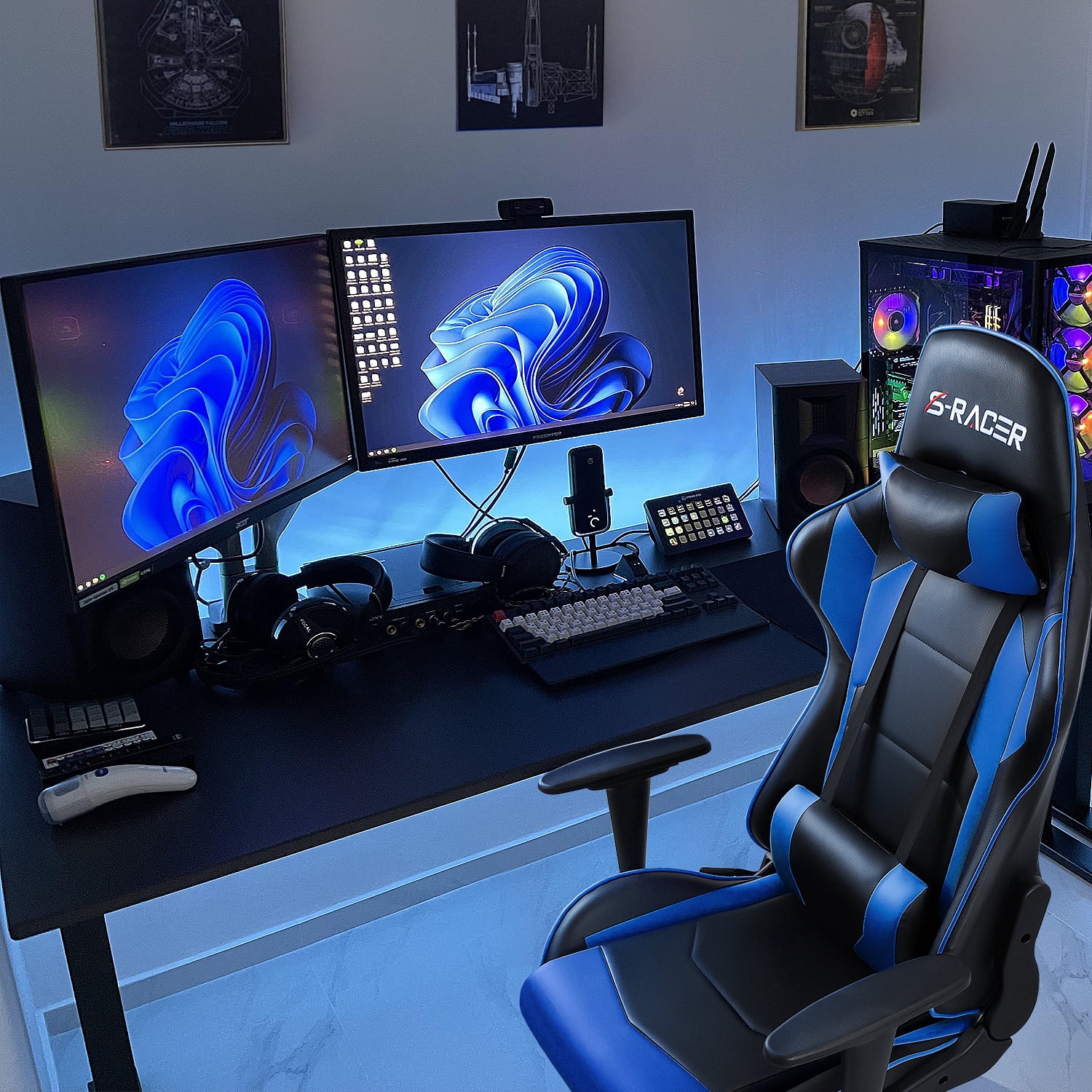Homall Gaming Chair Office Chair High Back Computer Chair Leather Desk Chair Racing Executive Ergonomic Adjustable Swivel Task Chair with Headrest and Lumbar Support, Blue