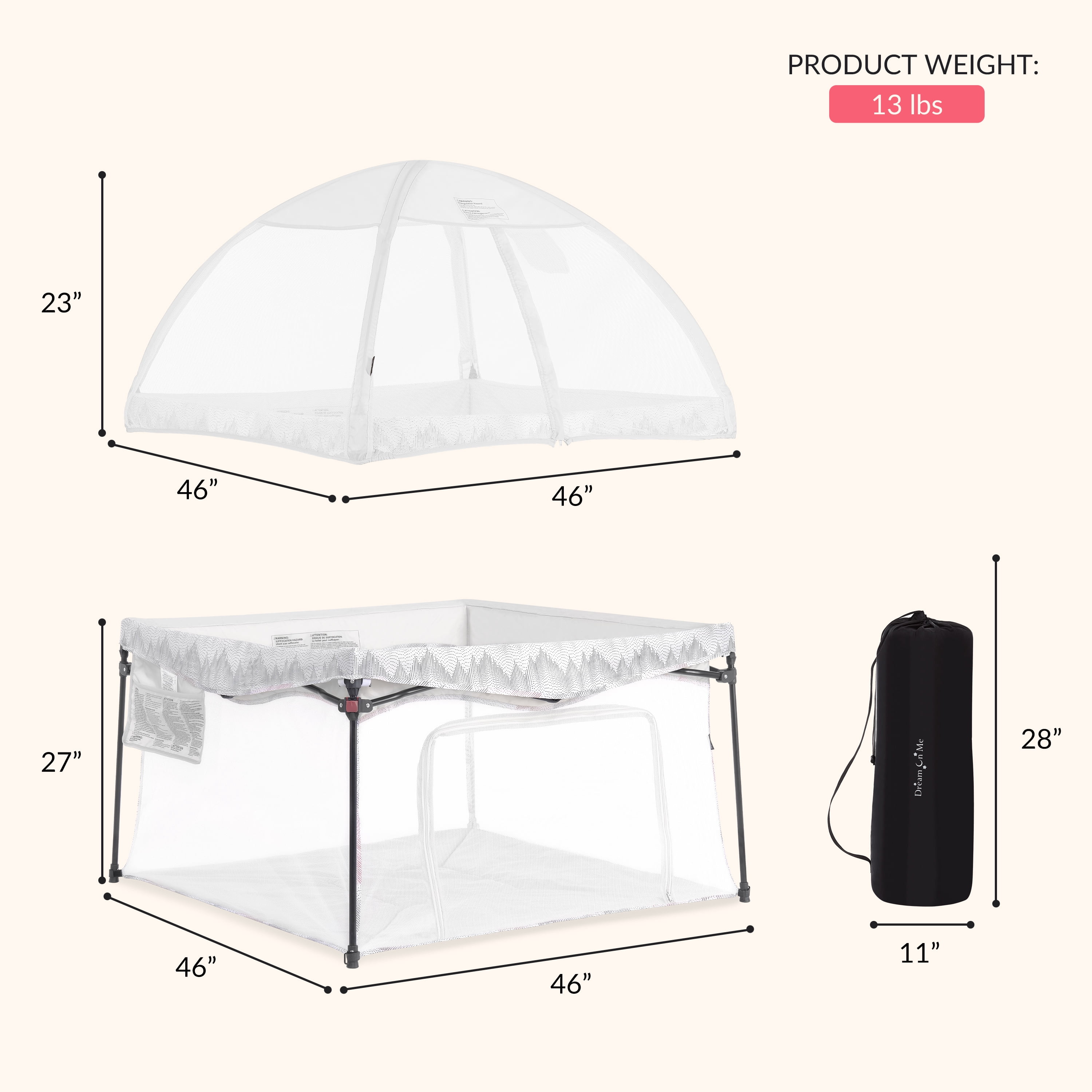 Dream On Me Ziggy Square Playpen with Canopy, Dove White, (Model # 4434-DW)