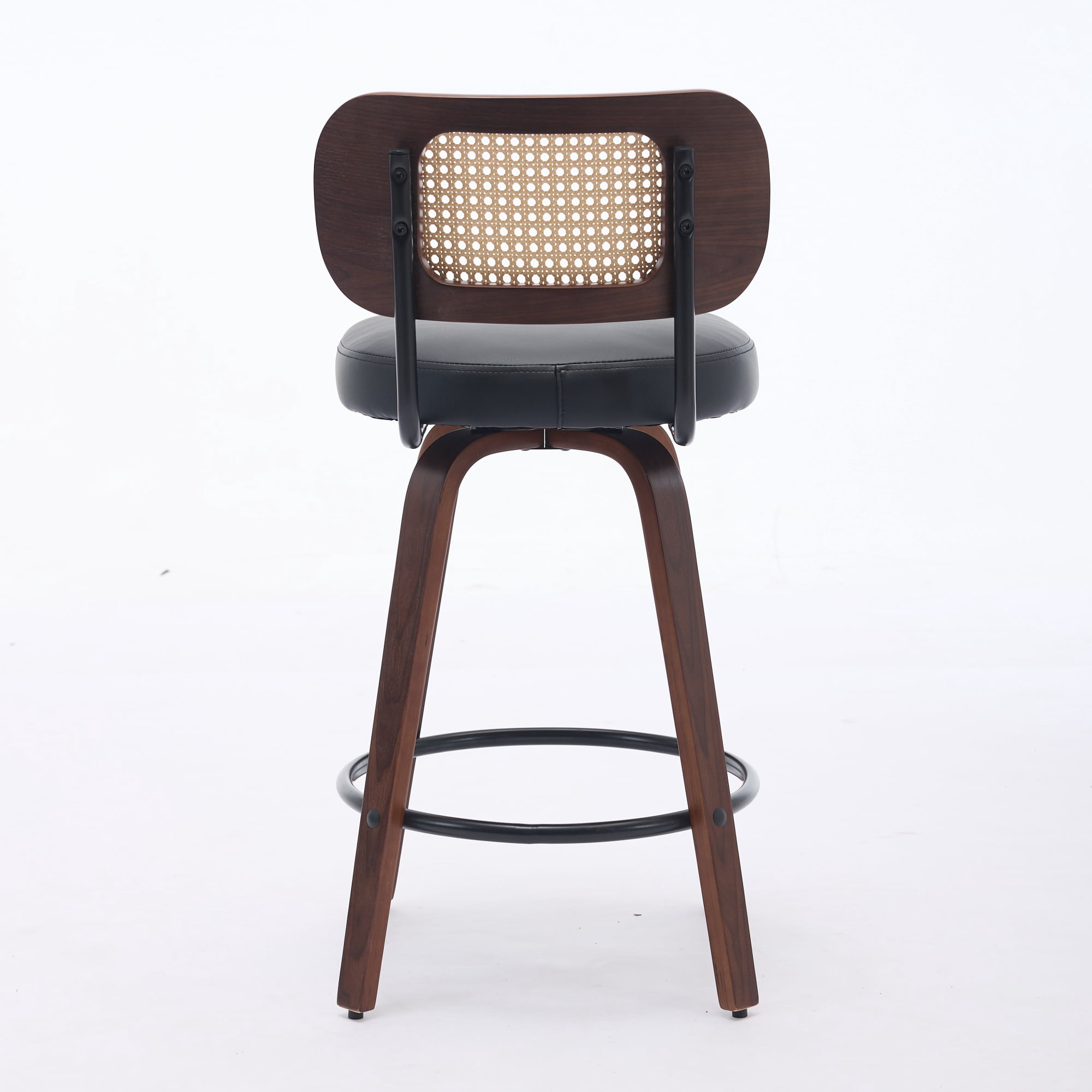 Oufan Swivel Bar Stools Set of 3, Wooden Counter Height Bar Chairs w/ Upholstered Seat & Rattan Backrest, Farmhouse Barstool for Kitchen Island,Cafe