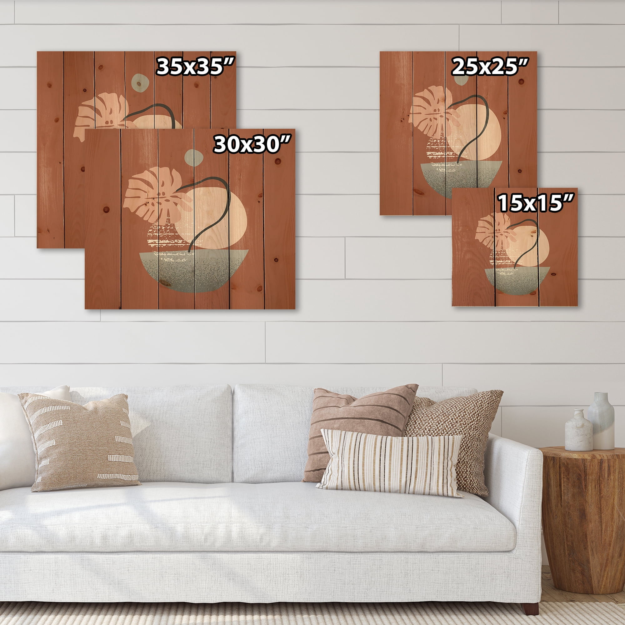 Designart 'Abstract Geometry Shapes and Tropical Palm Leaf IV' Modern Print on Natural Pine Wood