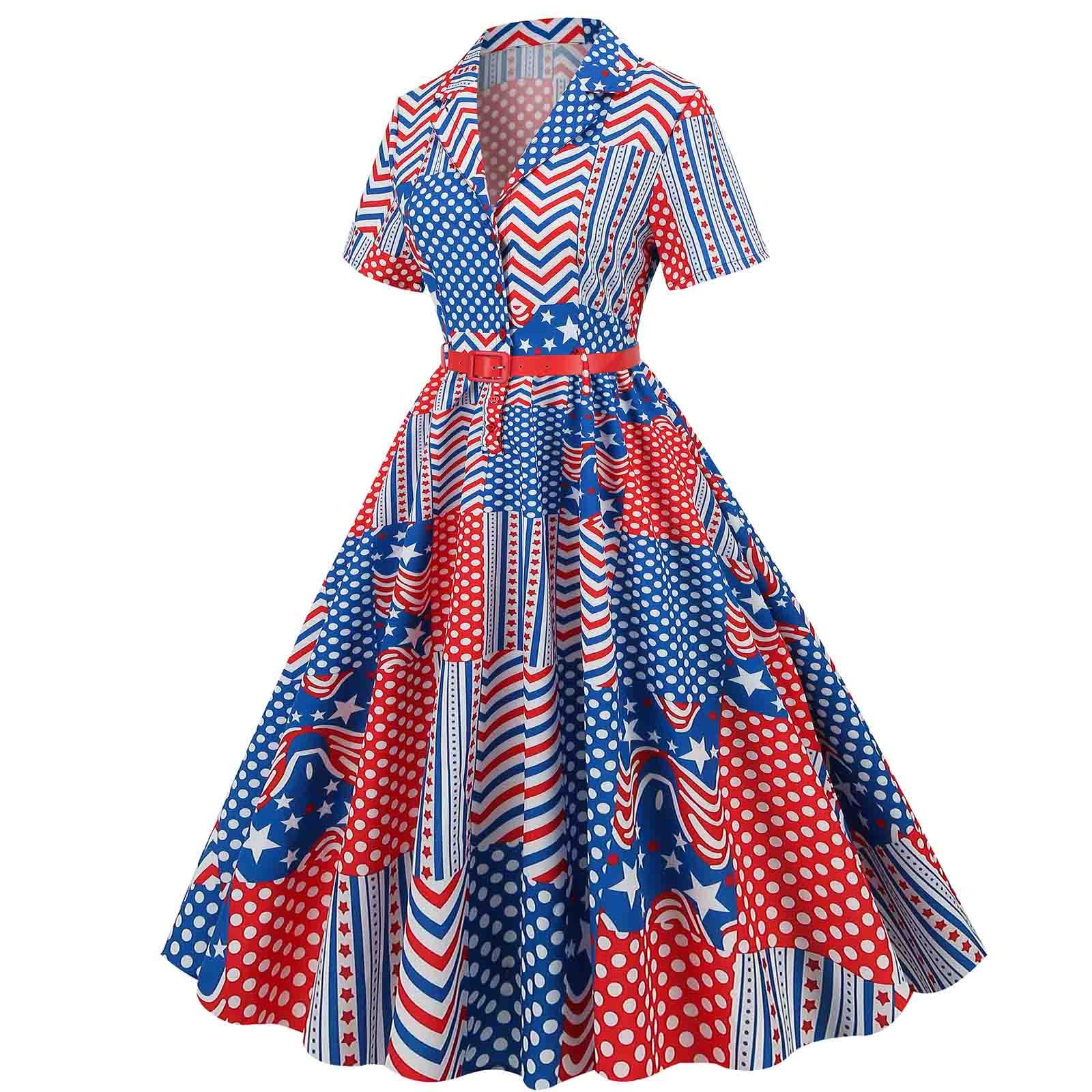 Chiccall Women Sleeve Vintage Swing Cocktail Dress 4th July Independence Day Patriotic Day Flag Star Stripe Printing Party Dress Casual A-Line Wedding Guest on Clearance - Walmart.com