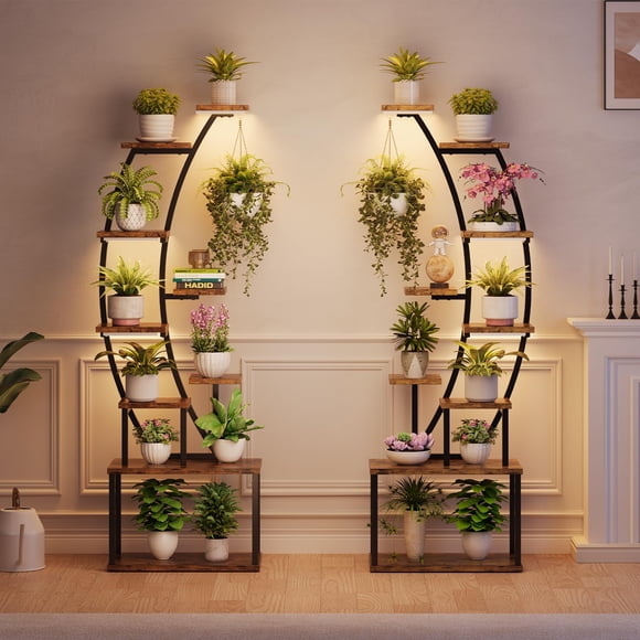Support à Plantes en Métal Haut à 9 Niveaux avec Lumières de Croissance Intégrées pour Salon - Présentoir d'Étagère Intérieur à Demi-Lune à Plusieurs Niveaux - Étagère Moderne à Plusieurs Niveaux pour Plusieurs Plantes - Lot de 2, Noir