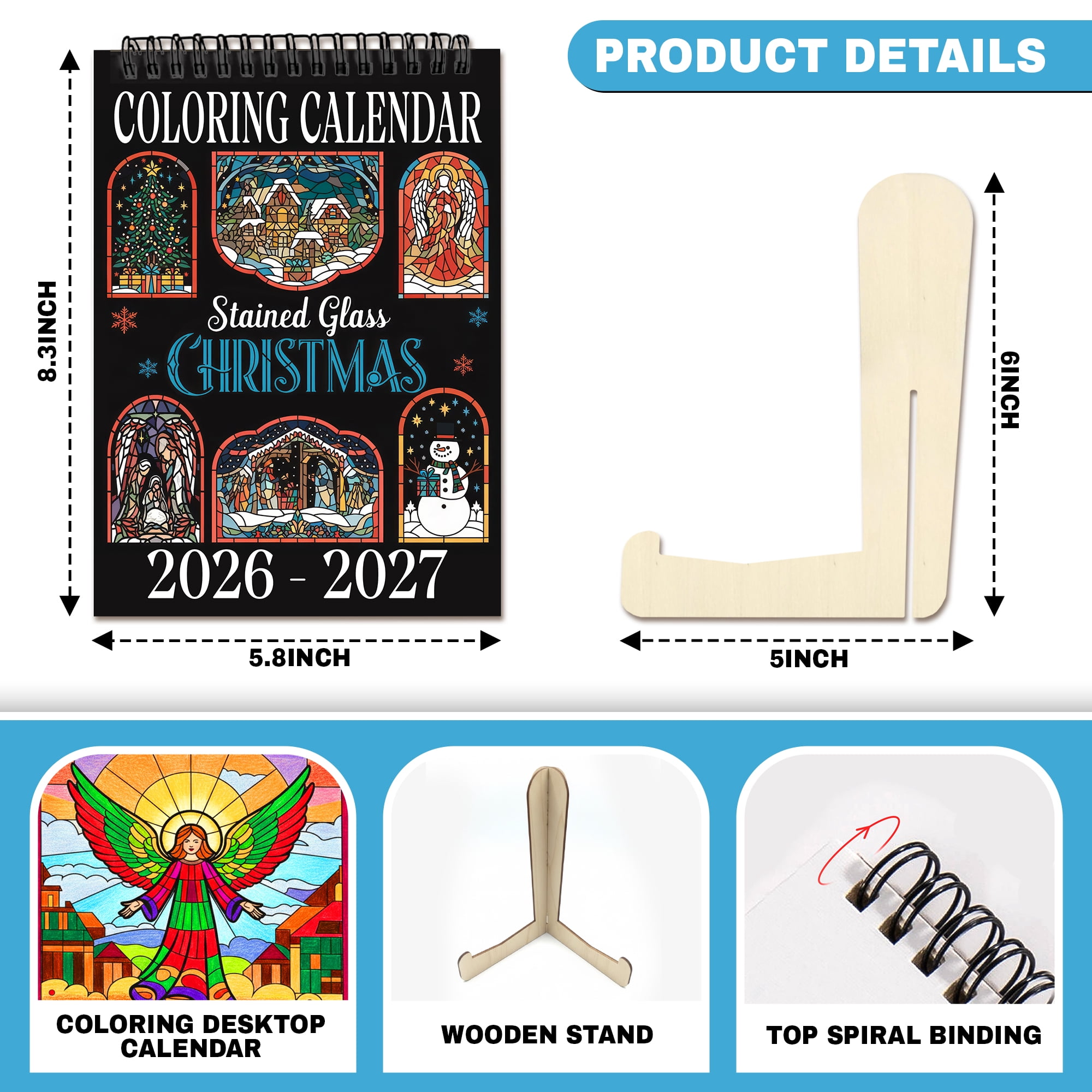 Stained Glass Christmas Coloring Desk Calendar 2026–2027, A5 Wooden Cover Planner with 26 Easy Coloring Pages for Adult Relaxation, 24 Month Desktop Calendar with Stand, Gift for Family & Friends