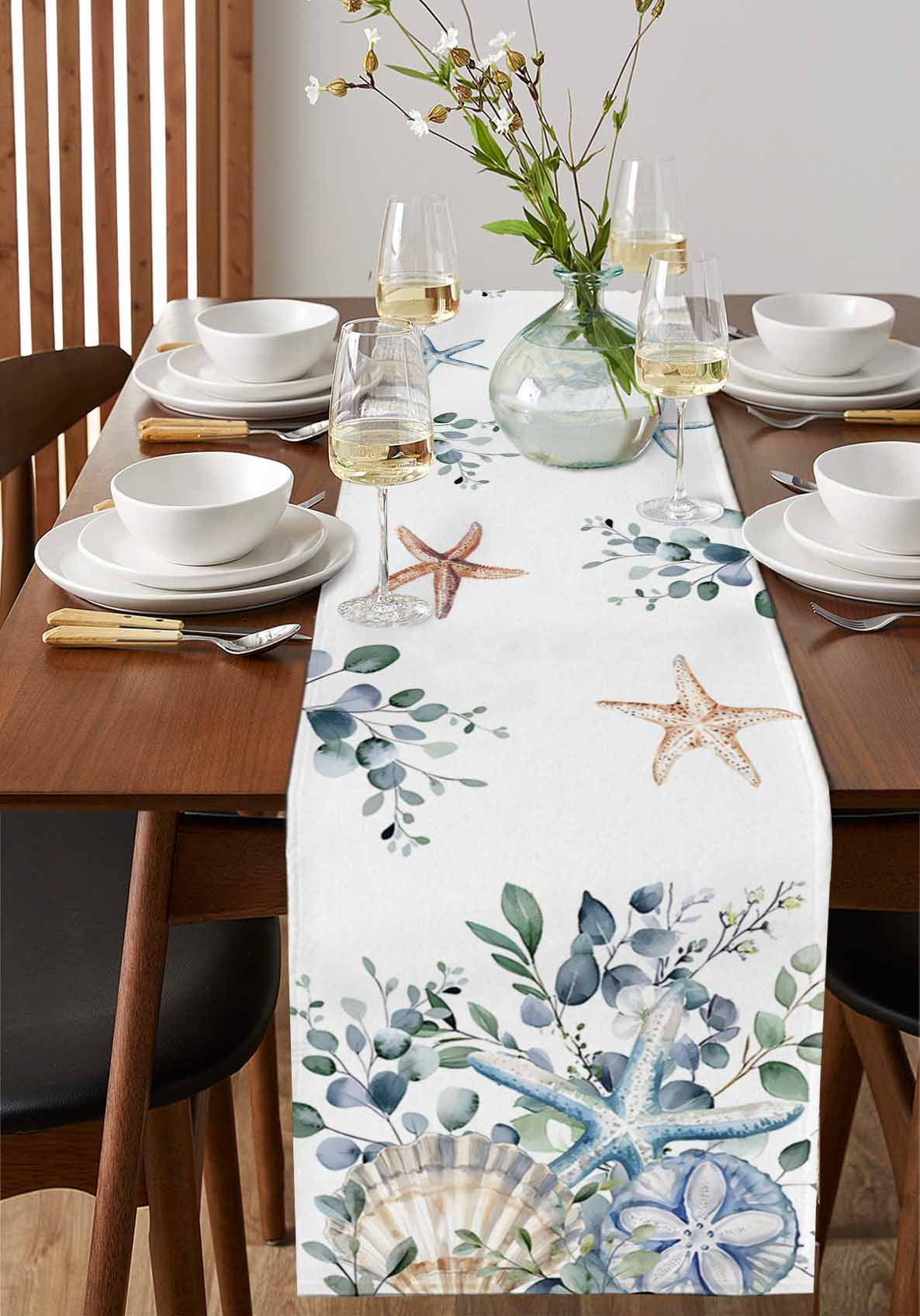 Starfish Eucalyptus Leaves Table Runner 90 Inches, Blue Teal Coastal Shell Bed Runner Dresser Scarves Tabletop for Indoor Outdoor Parties/Ceremony/Banquet, 13" x 90"