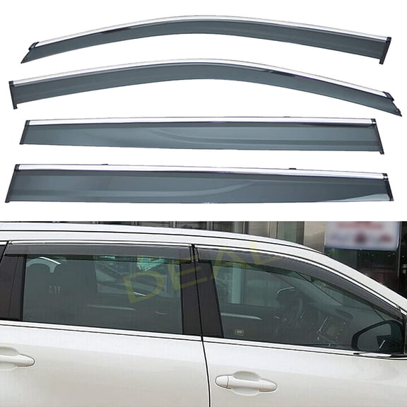 4Pcs Outside Mount Tape On/Clip On Type Smoke Tinted Sun/Rain Guard Vent Window Visors With Chrome Trim Compatible With 2014-2019 Highlander All Models