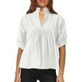 thumbnail image 1 of Blusa de cuello alto lisa para mujer - Top plisado con mangas cortas abullonadas, poliéster, tallas S-XL, 1 of 5