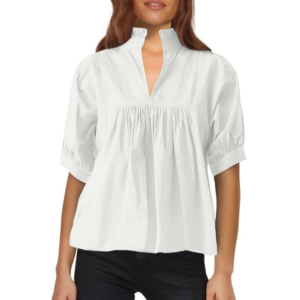 Blusa de cuello alto lisa para mujer - Top plisado con mangas cortas abullonadas, poliéster, tallas S-XL