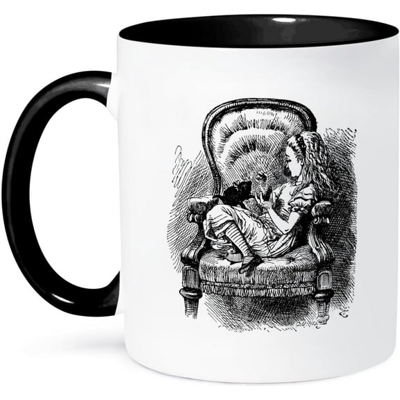 Girl Playing with Cat-Alice in Wonderland Vintage Book Illustration Mug, 11 oz, Black,Ceramic mugs, mugs with handle, can heat up