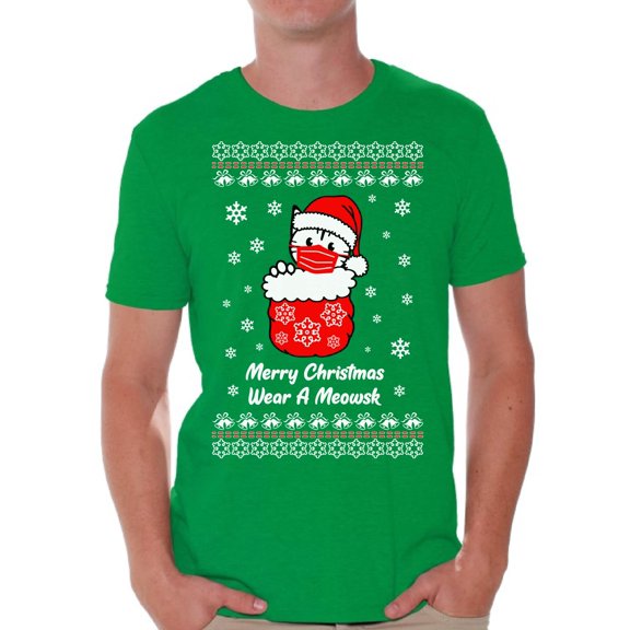 Merry Christmas T-Shirt for Men Wear a Meowsk Men's Shirt Xmas Pattern Cute Kitty Tee Merry Christmas Top for Boys New Year Men Shirt Happy Holidays Merry Xmas Gifts for Him