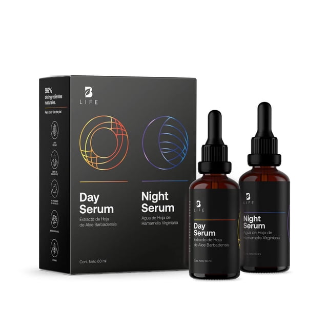 Kit de Sérum de Día y Noche para Rostro de 60 ml C/U con 96% de Ingredientes Naturales. Adicionado con Vitamina C y Ácido Hialurónico. Skincare Antiarrugas.