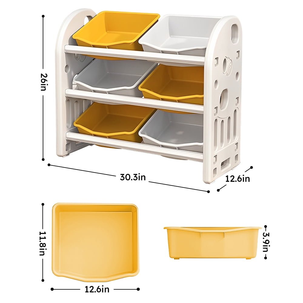 Montary Kids Toy Storage with 6 Bins, Multi-functional Nursery Kids Furniture Set Toy Storage Cabinet Unit with HDPE Shelf and Bins for Playroom, Bedroom, Living Room (Yellow White Color)
