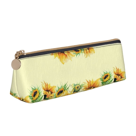 Naloa Sunflowers On A Yellow Background Print Leather Pencil Case - Portable Big Capacity Pencil Pouch Organizer Bag Stationery Bag for Work & Office Pencil Pen Case
