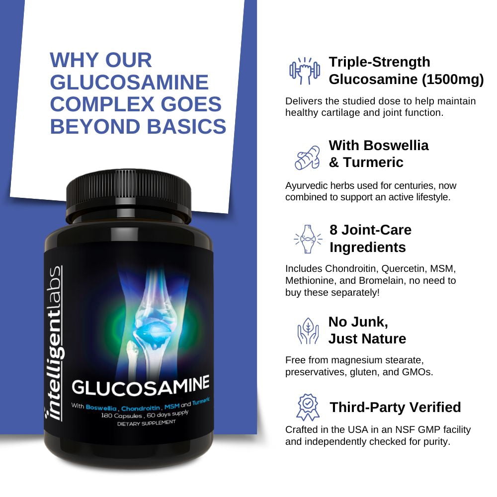 Intelligent Labs Glucosamine Chondroitin MSM Complex with Turmeric & Boswellia | Joint Support | 180 Capsules (60-Day Supply)