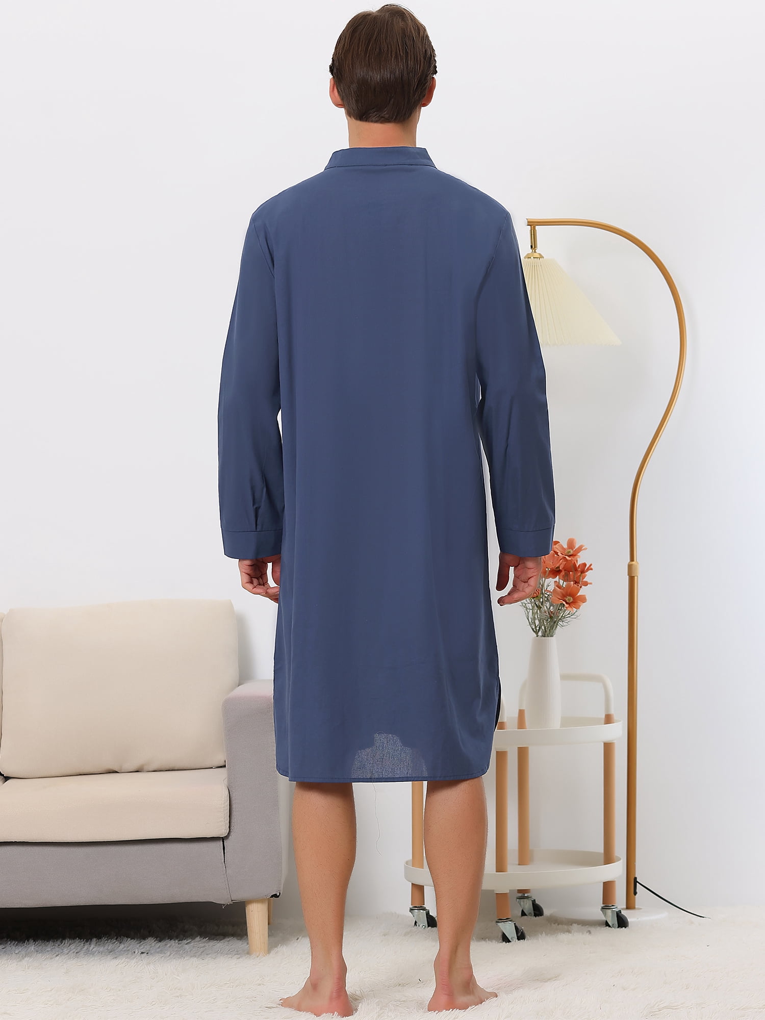 Unique Bargains Men's Banded Collar Nightshirt Sleep Shirt Nightgown L Navy