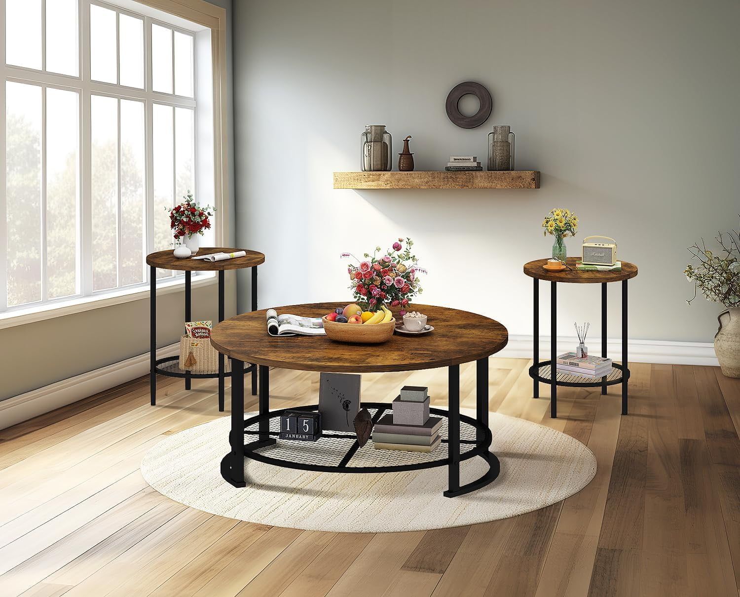 MIERES Round Coffee Table Set of 3, 2-Tier Metal Mesh Storage Shelf Living Room Set with 1 Large Center Table & 2 Small End Tables, Space-Saving Wooden Tea Table for Home Office Apartment, Brown
