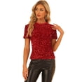 thumbnail image 1 of Blusa de fiesta de manga corta con cuello redondo y lentejuelas de terciopelo para mujer Rojo M, 1 of 5