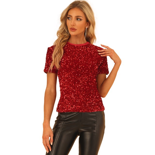 Blusa de fiesta de manga corta con cuello redondo y lentejuelas de terciopelo para mujer Rojo M