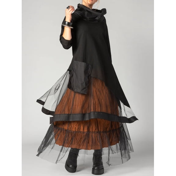 Black & Brown Asymmetrical Tulle Layered Maxi Dress, Cowl Neck Long Sleeve Avant-Garde Party Dress