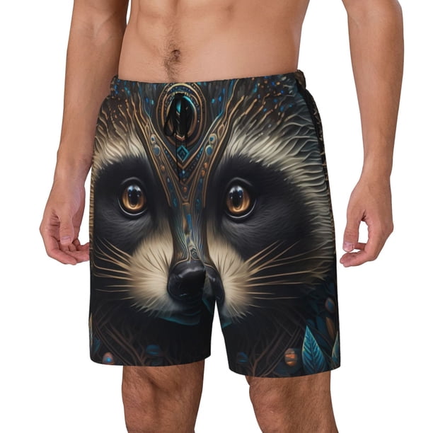 Balery Tribal Style Raccoon Bañador para hombre, shorts de playa de secado rápido con entrepierna y forro de compresión-Small