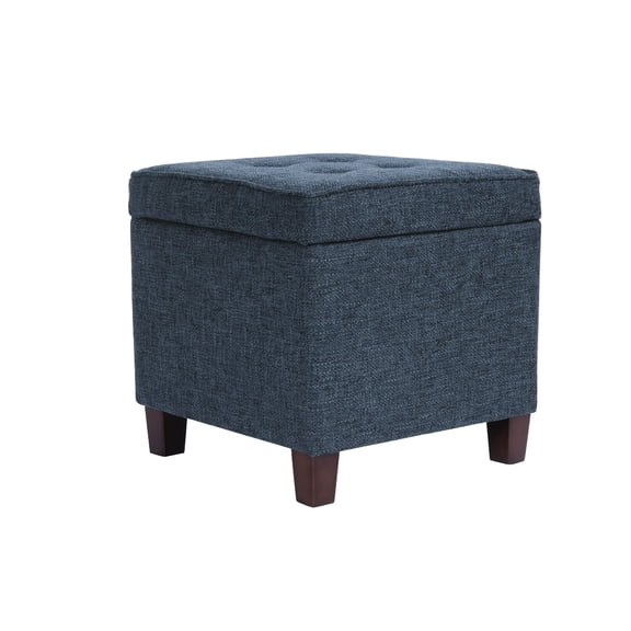 Benjara Hery Storage Ottoman- 18" Square Tray Top- Navy Blue Woven Fabric