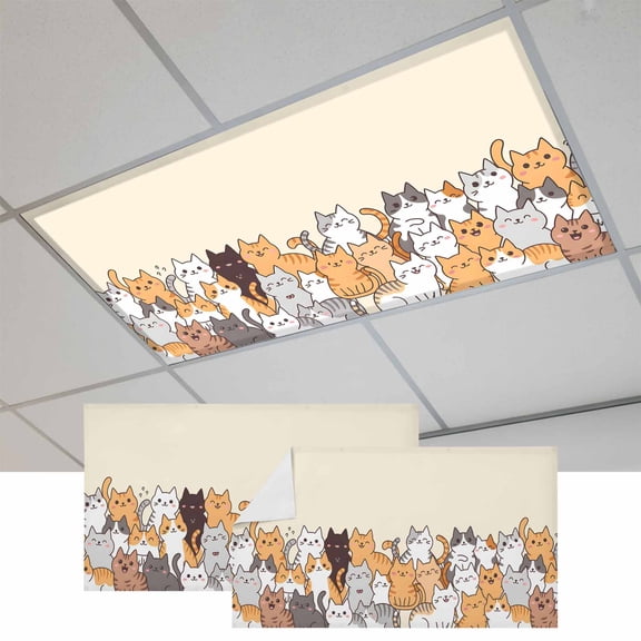Cartoon Cat Fluorescent Light Covers, Modern Simple Funny Cute Animals Art Magnetic Light Covers for Ceiling Lights, Fluorescent Ceiling Shade Filters for Classroom Bedroom Office 4x2Ft x 2PCS