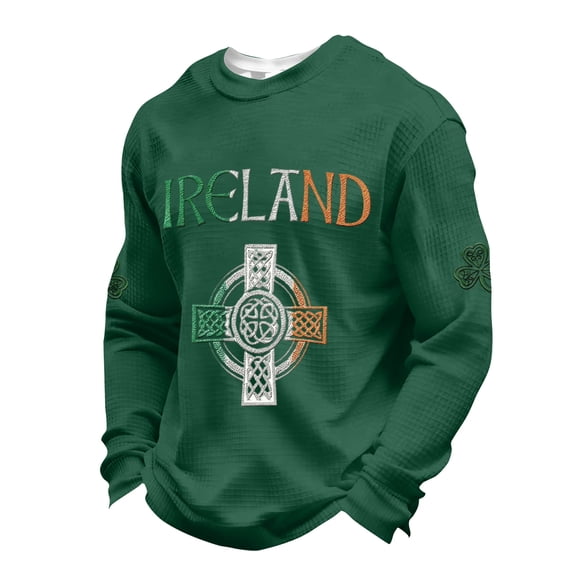 St. Patricks Day Clover Shamrock Sweatshirt Men Waffle Long Sleeve Pullover Shirts, Size S-4XL