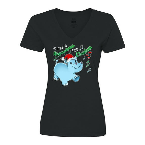 Inktastic I Want a Hippopotamus for Christmas Hippo in Santa Hat Women's V-Neck T-Shirt