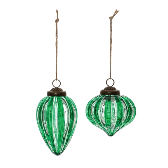Green Ribbed Crackle Glass Ornament Set of 6