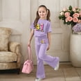 thumbnail image 2 of Ulitacool Clothes For Girl Short Sleeve Sweatsuit Round Neck Cartoon Prints Tops With Flared Pants Two Piece Coordinated And Bottoms For Kids Cute Spring Outfits Purple 9-10 Years, 2 of 5