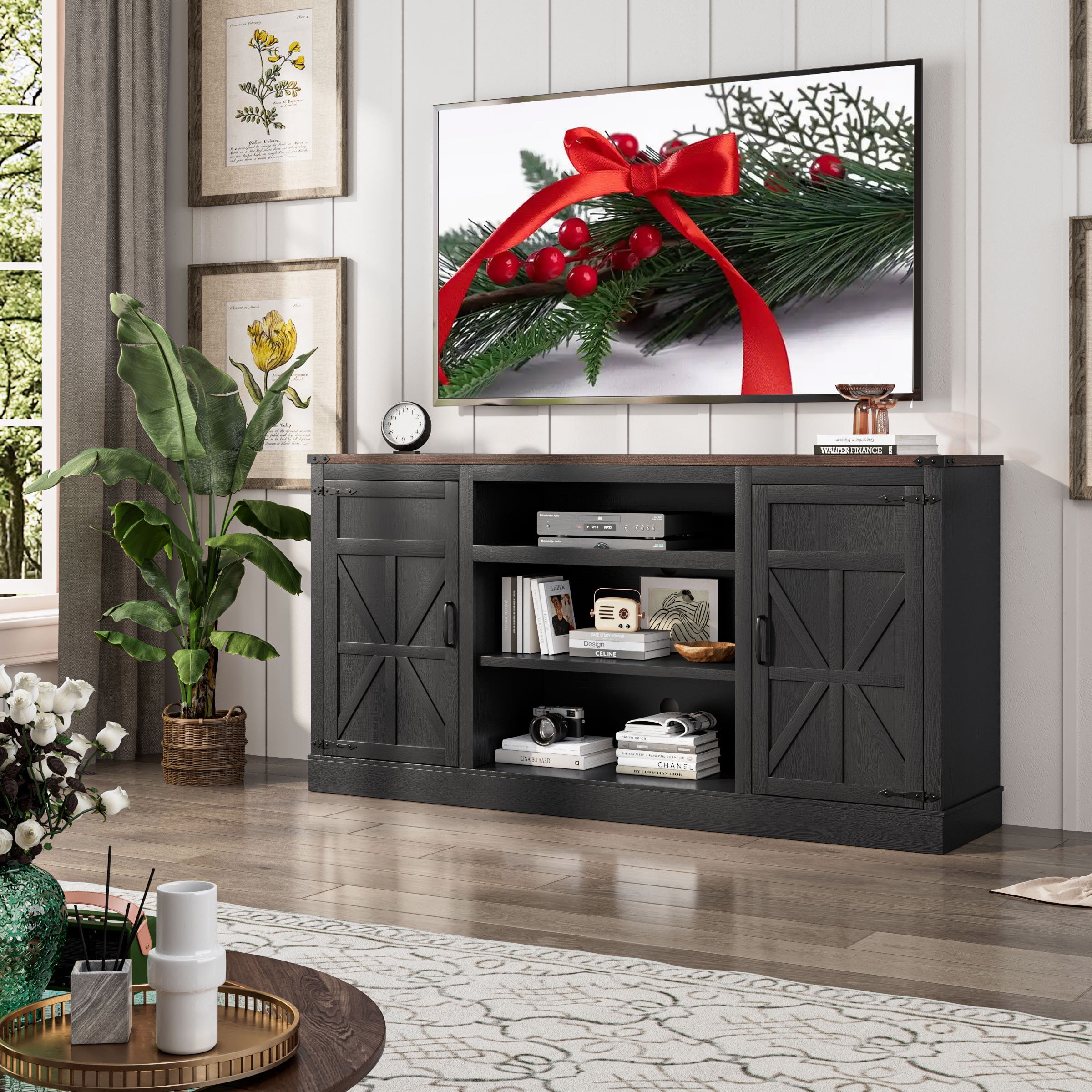66" Farmhouse TV Stand for 65" 70" 75" TVs with Charging Station, 33" Tall Entertainment Center Console Table with Adjustable Shelves/4 Layer Storage for Living Room