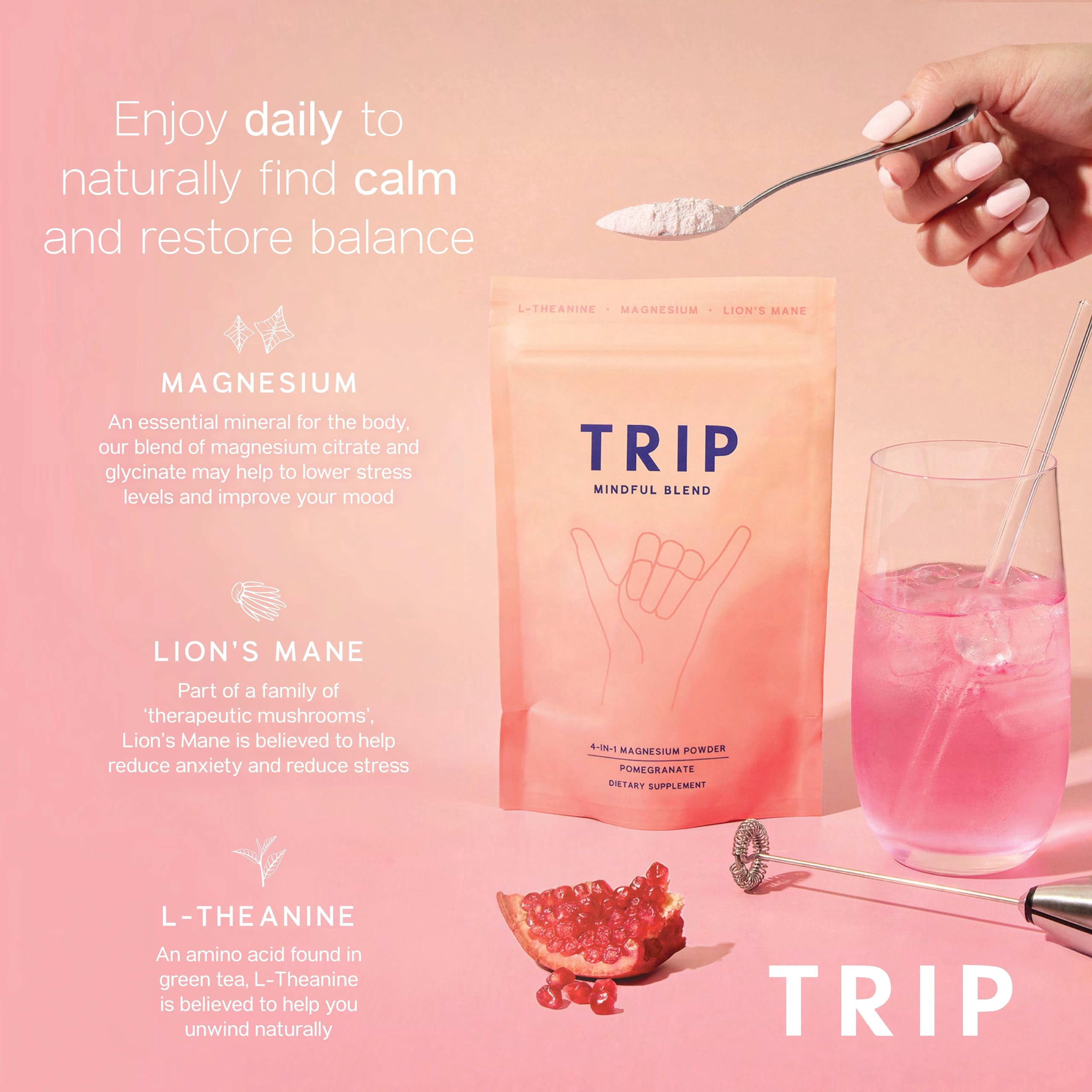 TRIP 4-in-1 Calming Magnesium Glycinate Powder, Stress Relief Magnesium Drink Mix - Pomegranate - 4.9oz