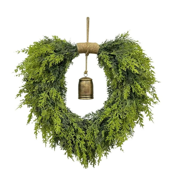 Heart Shaped Christmas Wreath 20 Inch - Real Touch Artificial Cedar Wreath with Vintage Bells for Front Door, Indoor Outdoor Xmas Wall Hanging Decor