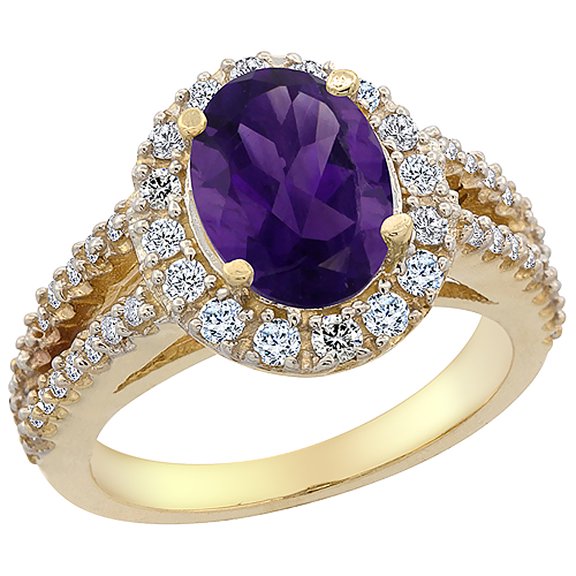 14K Yellow Gold Diamond Natural Amethyst Engagement Ring Oval 10x8mm, size 5.5