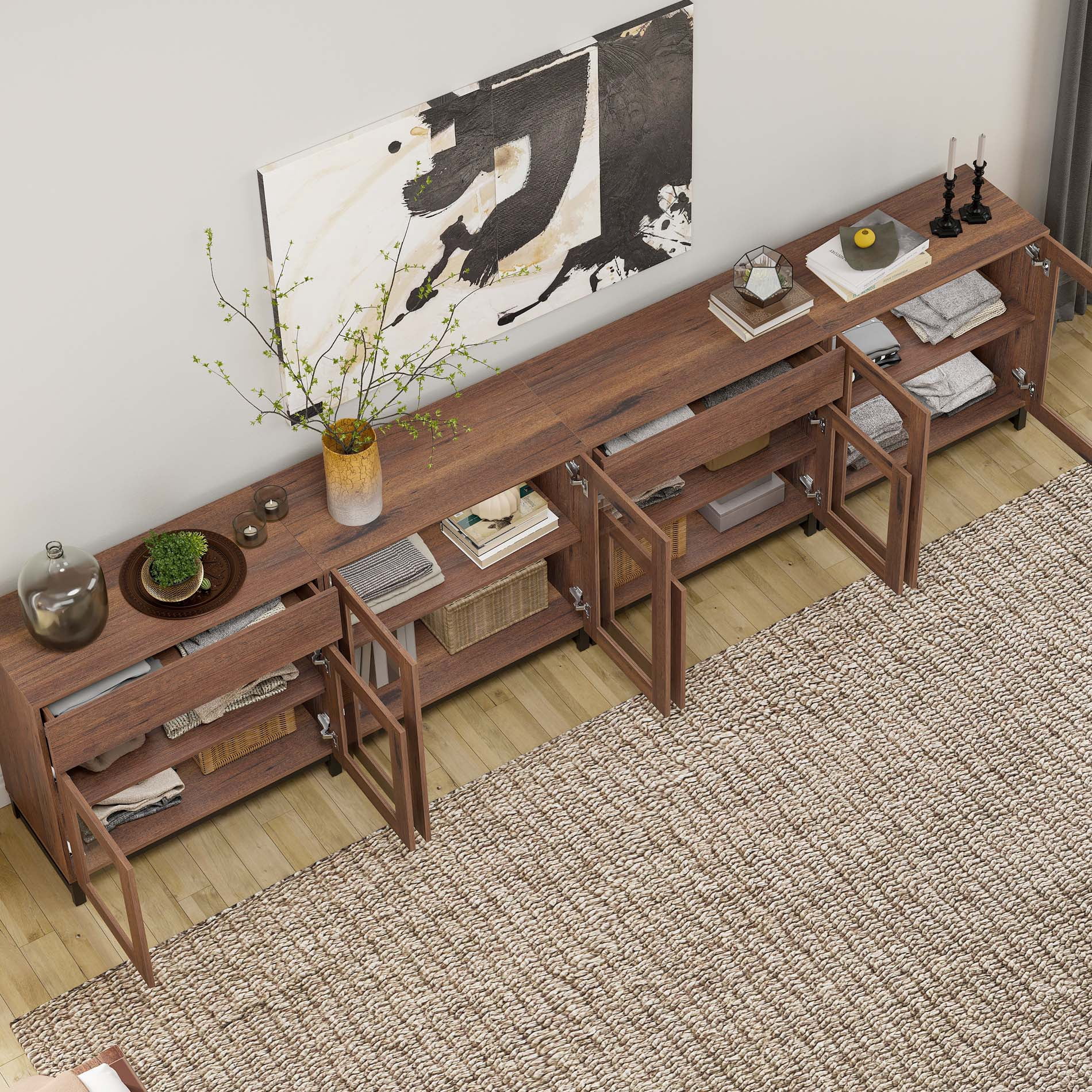 Modern 4-in-1 Chest Of Drawers, Multifunctional Storage Dresser with Glass Doors, 2 Drawers and Adjustable Shelf for Bedroom Living Room,Brown