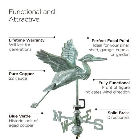 Good Directions Blue Heron Garden Weathervane, Blue Verde Copper - 17.5"L
