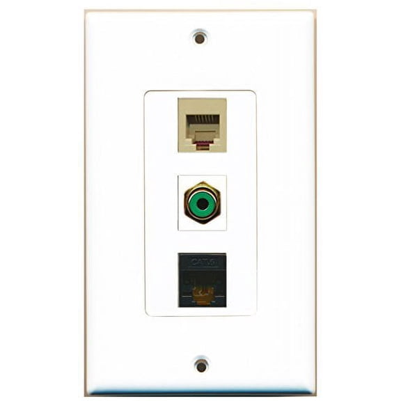 RiteAV - 1 Port RCA Green and 1 Port Phone RJ11 RJ12 Beige and 1 Port Cat6 Ethernet Black Decorative Wall Plate Decorative