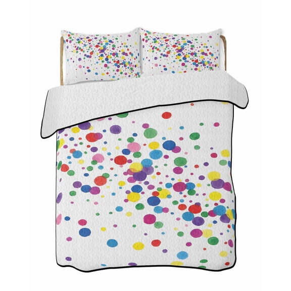 Quilts Full Size Bedding Set, Colorful Polka Dot Lightweight Quilted Comforter, Cartoon Cute Abstract Graffiti Soft Reversible Bedspread Coverlet with Pillow Covers for All Season, 78" x 90"