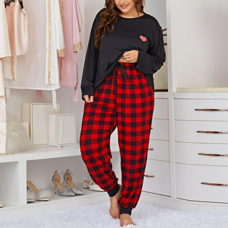 

Patlollav Womens Plaid Loose and Comfortable Plaid Pajamas Home Service Two-Piece Suit