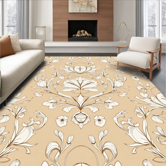 ODIKA 4'x6' Machine Washable Non-Slip Area Rug, Enchanted Garden Floral Scrollwork High Traffic Rug, Beige, 470535