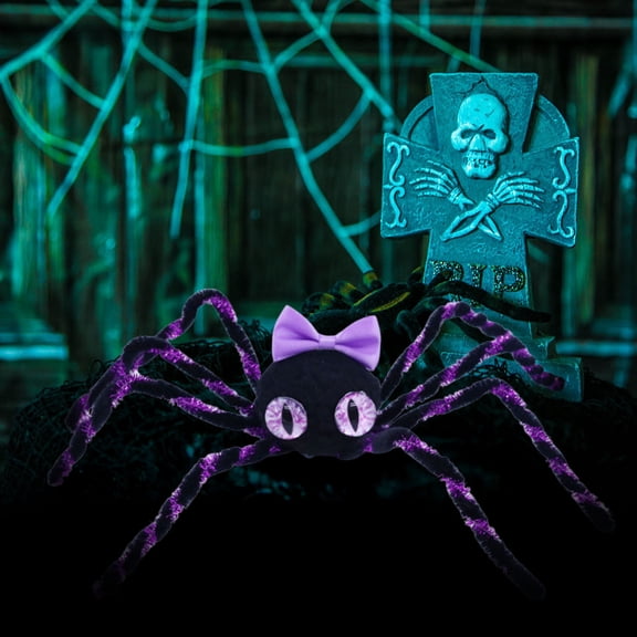 Cute Plush Black Spider with Light Purple Bow Purple Eyes Bendable Halloween Spider Figurine Sweet Spooky Gothic Tabletop Ornament Indoor Party Scene Decor