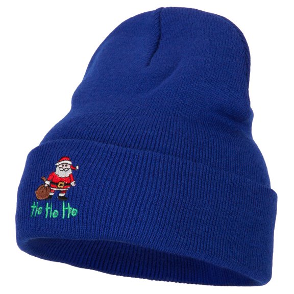 Ho Ho Ho Santa Embroidered Long Knitted Beanie - Royal OSFM