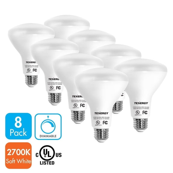 (Pack of 8) Tenergy LED BR30 Dimmable Flood Light Bulbs 60 Watt Equivalent (8W), Soft White (2700K)
