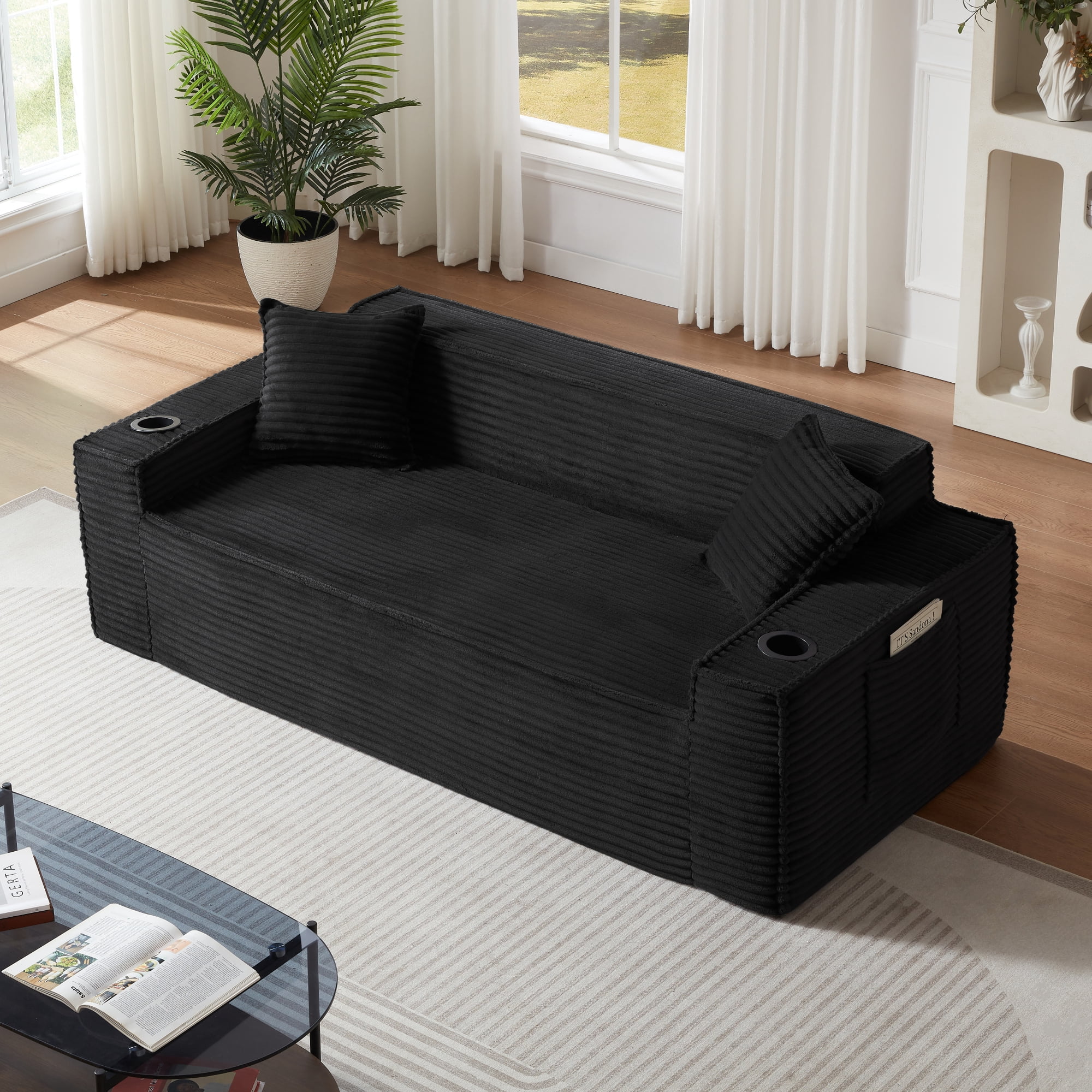 Leumius Cloud Sofa,3 Seater Boneless Couch with Cupholders,Upholstered Corduroy Fabric Modern Loveseat with Deep Seats for Living Room Bedroom,Black
