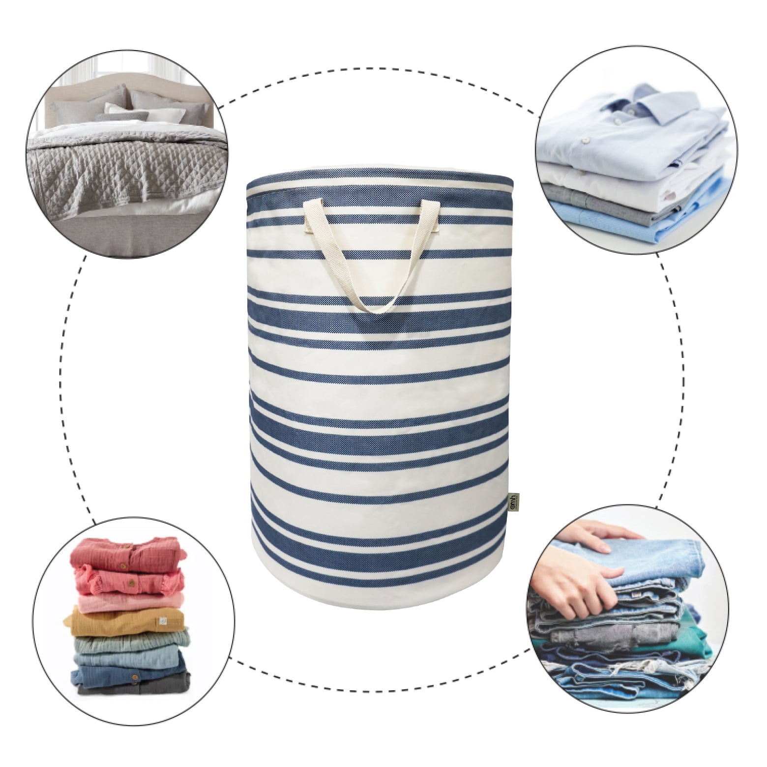 omh ORGANIZE MY HOME – 24 Inches Large Freestanding Round Laundry Hamper with Drawstring Closure, Collapsible Clothes Storage Hamper- Blue Stripes