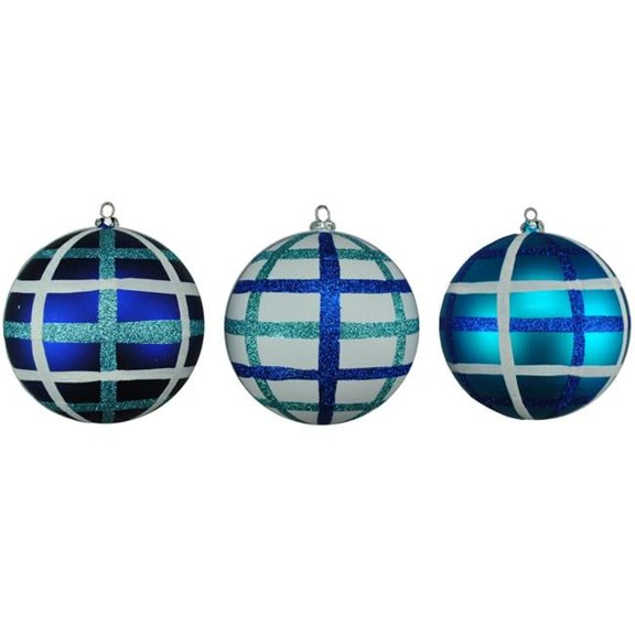 3 Pack of Teal, Blue, and White Plaid Ornaments with Glitter Enhancements